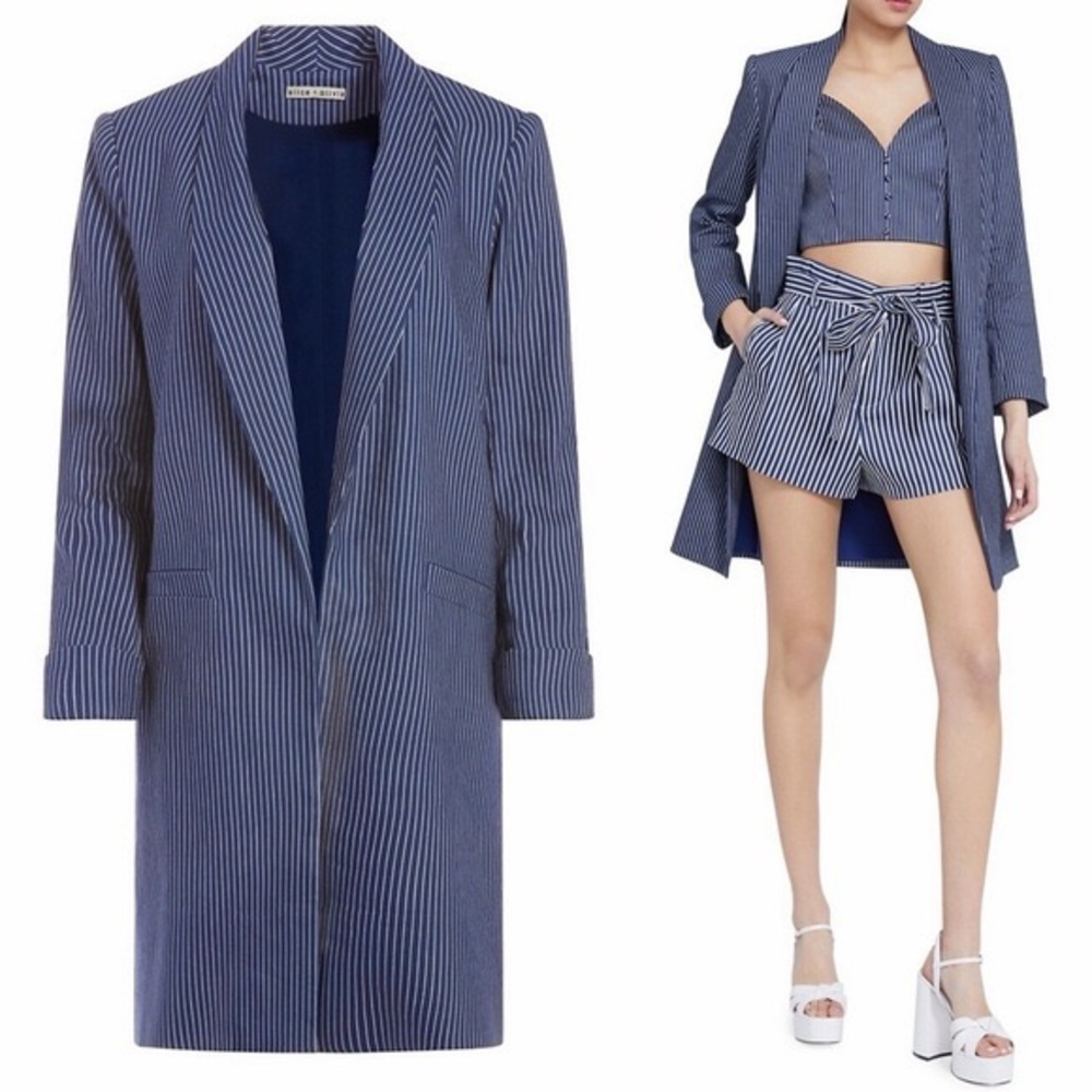 Alice + Olivia Striped Navy Longline Blazer Coat